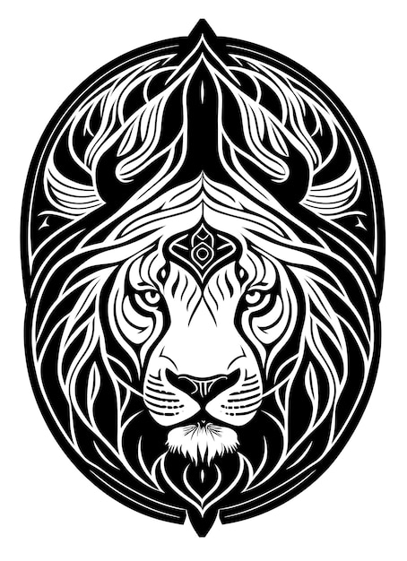 Czarno-biała ilustracja przedstawiająca głowę lwa.