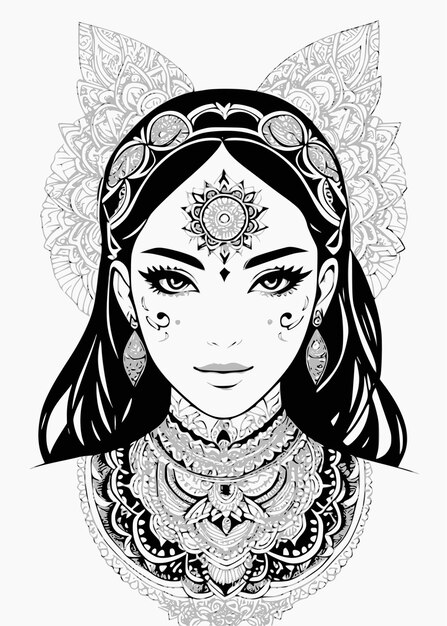 Czarno-biała Ilustracja Przedstawiająca Kobietę Z Indyjskimi Ozdobami Na Głowie.
