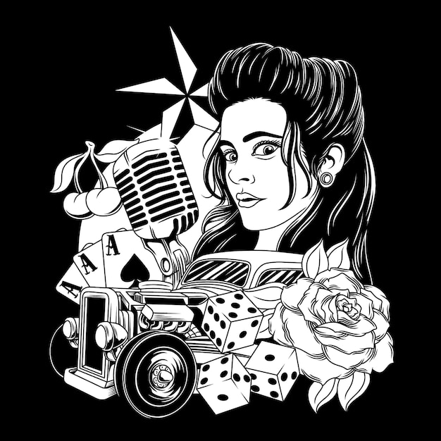 Czarno-biała Ilustracja Rockabilly Lady