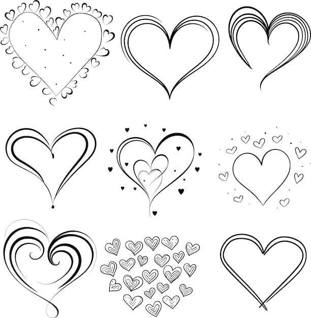 Plik wektorowy czarno-biała kolekcja heart line art silhouette