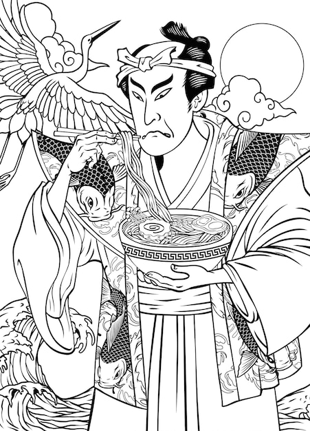 Plik wektorowy czarno-biała kolorowanka dla dorosłych przedstawiająca mężczyznę jedzącego pyszny ramen w stylu ukiyo e