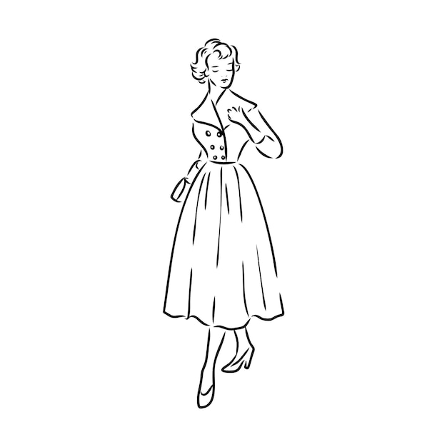 Czarno-biała modelka retro w stylu szkic ręcznie rysowane ilustracji wektorowych