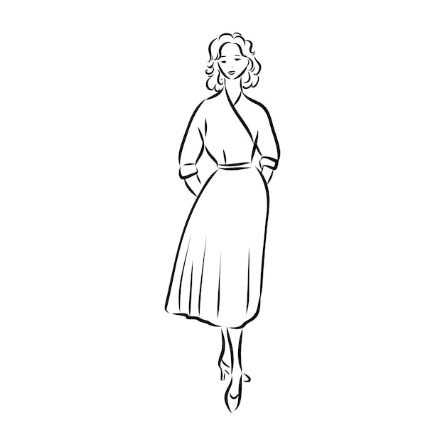 Czarno-biała modelka retro w stylu szkic ręcznie rysowane ilustracji wektorowych