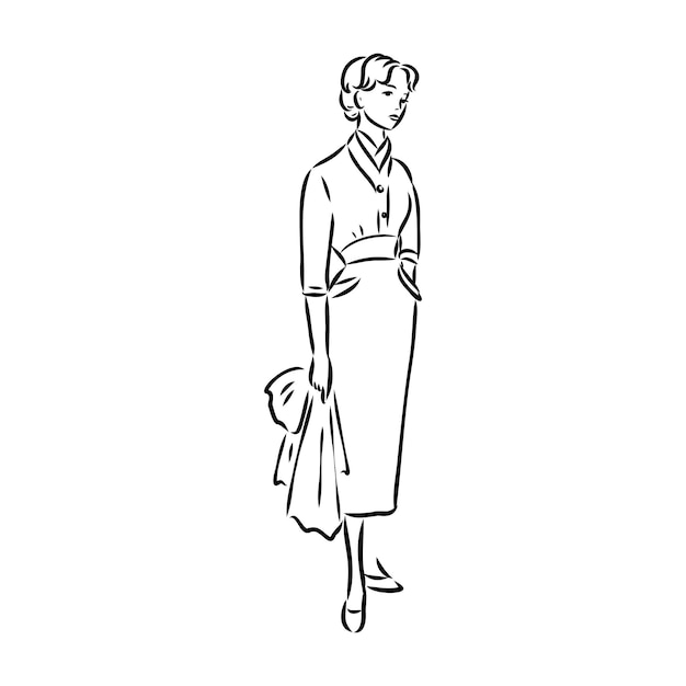 Czarno-biała modelka retro w stylu szkic ręcznie rysowane ilustracji wektorowych