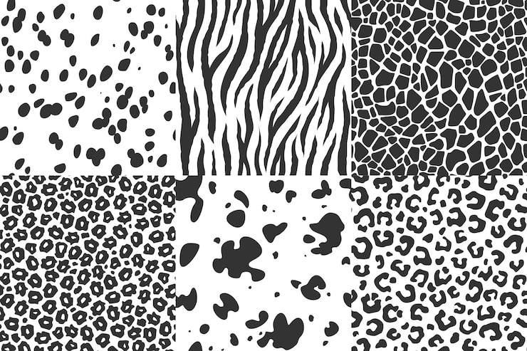Wektor czarno-biała skóra zwierzęca bezszwodowe wzory zebra dalmacka żyrafa krowa leopard jaguar plamy