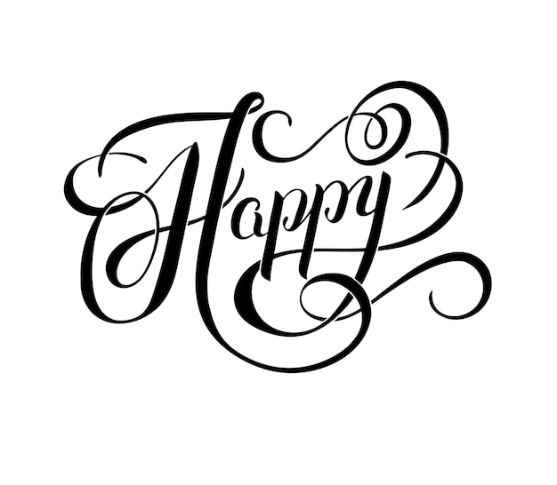 Czarno-białe Happy ręcznie napisane słowo, ilustracja wektorowa kaligrafii pędzla