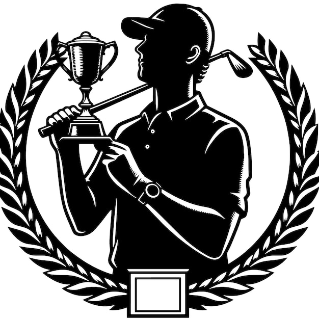 Plik wektorowy czarno-białe logo człowieka trzymającego trofeum i trofeum