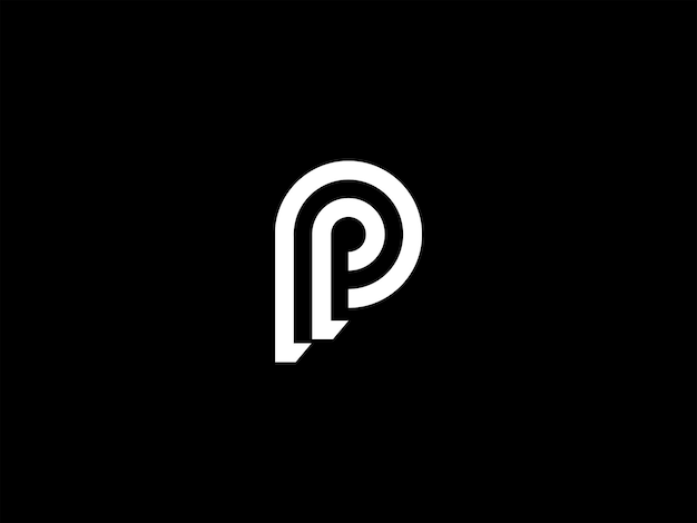 Czarno-białe logo litery p na czarnym tle