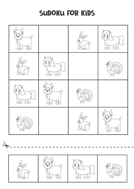 Czarno-białe Sudoku Dla Dzieci W Wieku Przedszkolnym. Gra Logiczna Ze Zwierzętami Gospodarskimi.