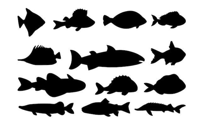 Czarno-białe Sylwetki Ryb Zestaw Zwierząt Morskich