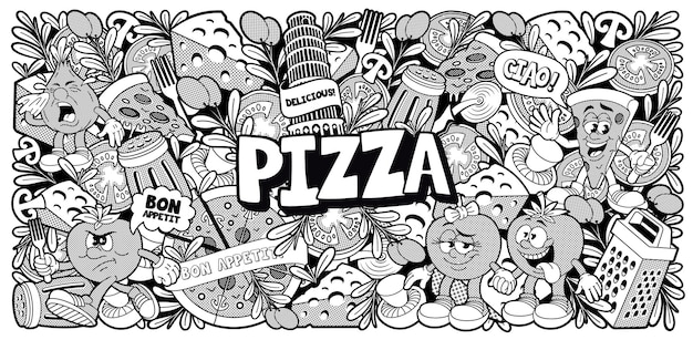 Plik wektorowy czarno-białe tło doodle dla motywu pizzerii