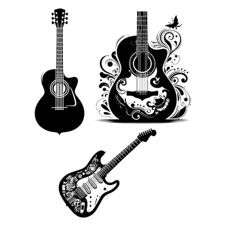 Wektor czarno-białe zdjęcie dwóch gitar i zdjęcie gitary