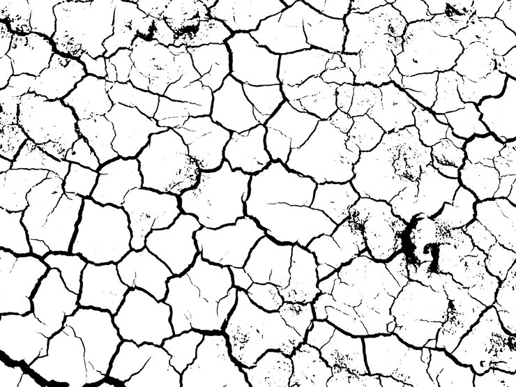 Czarno-białe zdjęcie popękanej ziemi z rokiem 2010.