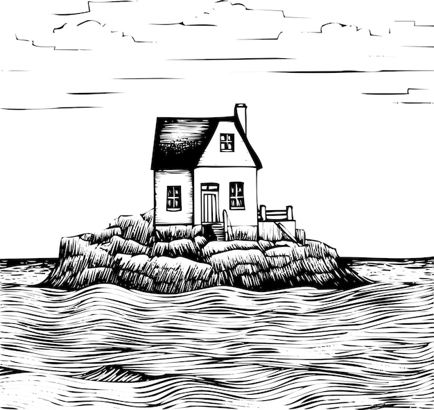 Czarno-biały Atrament Wektorowy Ilustracja Małego Drewnianego Domu Blisko Morza