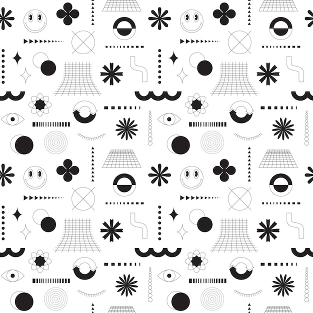 Plik wektorowy czarno-biały bezszwowy wzór z abstrakcyjnymi geometrycznymi odważnymi liniowymi kształtami siatka uśmiechnięta twarz kwiaty brutalizm retro futuryzm inspirowany stylem do projektowania stron internetowych pokrywa tekstylne tło wektorowe