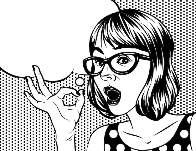 Plik wektorowy czarno-biały ilustracja w stylu komiksu ładna kobieta z zaskoczoną twarzą. kobieta w okularach trzyma rękę i pokazuje ok znak.