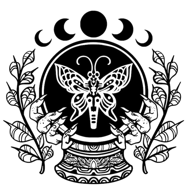 Plik wektorowy czarno-biały obraz motyla w wazonie