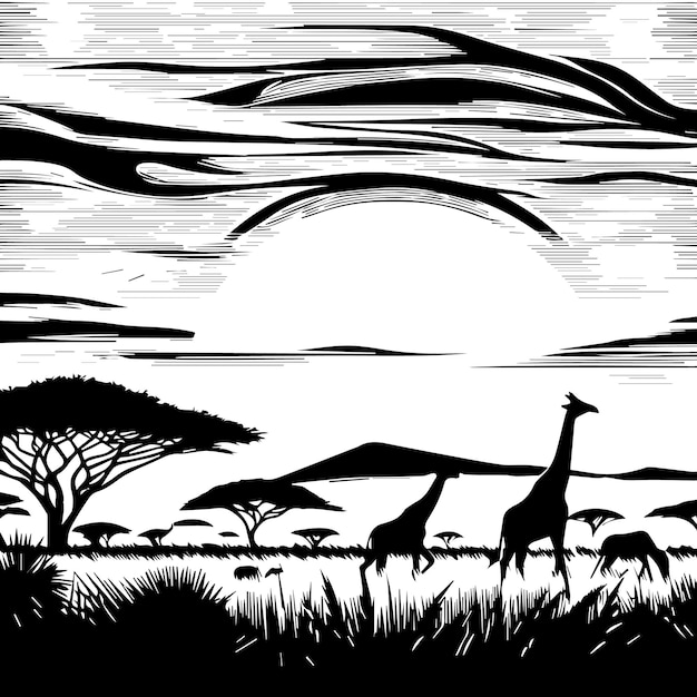 Czarno-biały Obraz żyraf I Drzew Z Słońcem Za Nimi