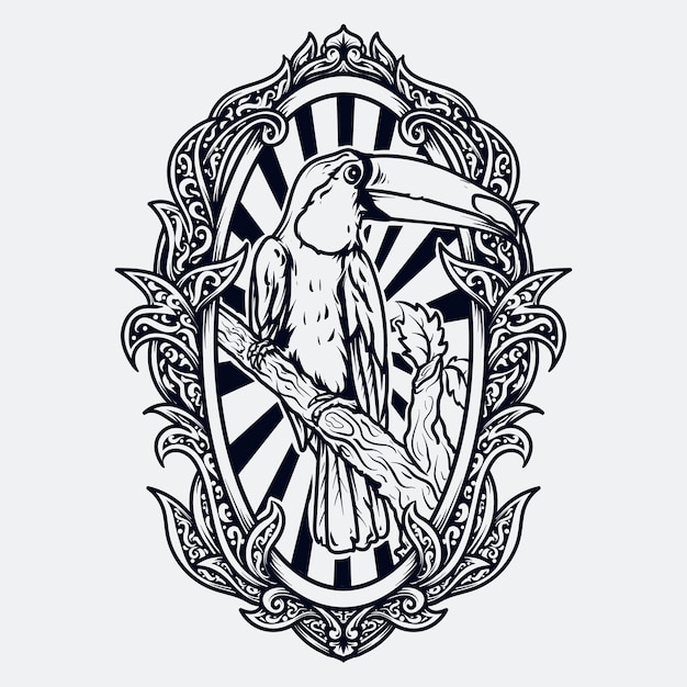 Czarno-biały Ręcznie Rysowane Ilustracja Tukan Grawerowanie Ornament