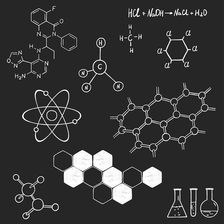 Wektor czarno-biały ręcznie rysowany zestaw ze wzorami chemicznymi i modelami molekularnymi