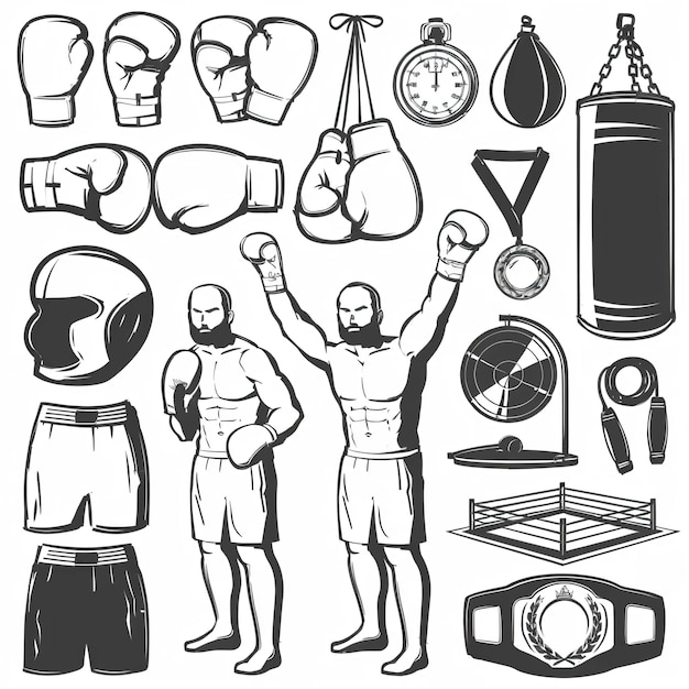 Plik wektorowy czarno-biały rysunek bokserka z rękawiczkami bokserskimi i rękawiczką bokserską
