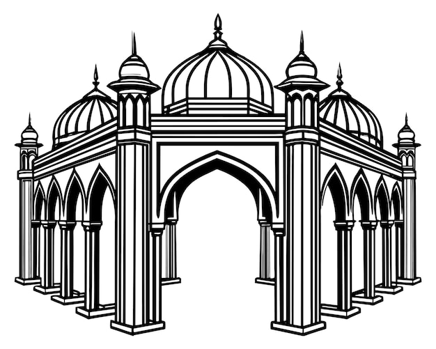 Plik wektorowy czarno-biały rysunek budynku z czarno-białym obrazem meczetu