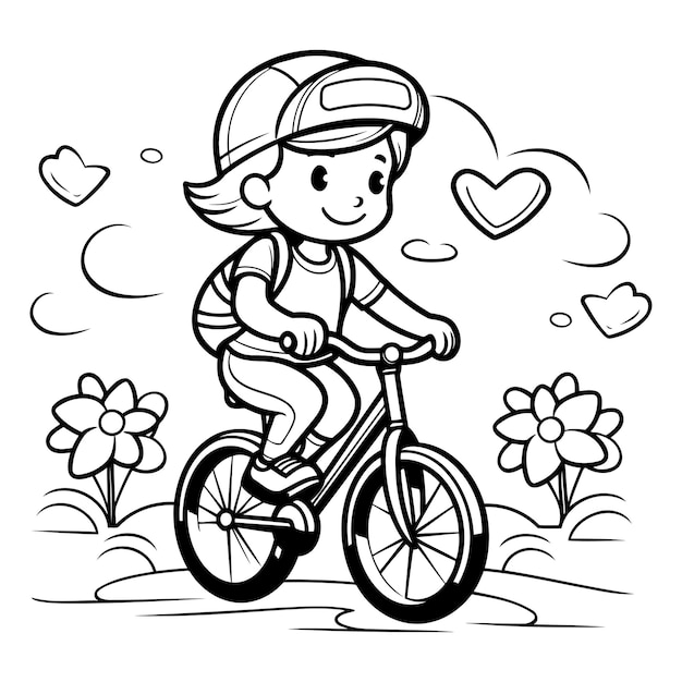 Plik wektorowy czarno-biały rysunek chłopca jeżdżącego na rowerze z kwiatami lub sercami do malowania