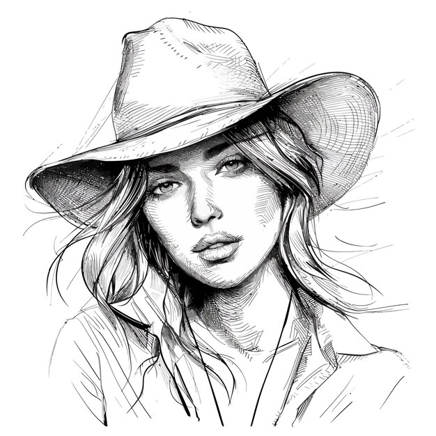 Plik wektorowy czarno-biały rysunek kobiety w kapeluszu