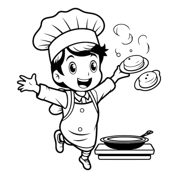 Plik wektorowy czarno-biały rysunek kucharza z malutkim chłopcem gotującym
