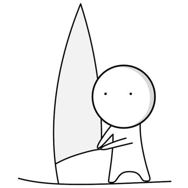 Plik wektorowy czarno-biały rysunek mężczyzny trzymającego deskę surfingową.
