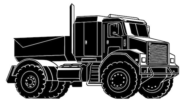Czarno-biały rysunek przedstawiający dużą ciężarówkę z napisem peterbilt z przodu.