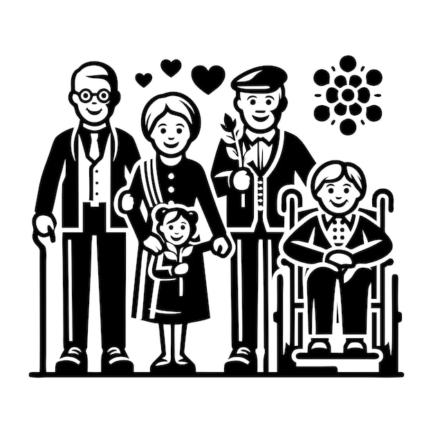 Plik wektorowy czarno-biały rysunek rodziny z dzieckiem i mężczyzną z łukiem i kobietą w garniturze