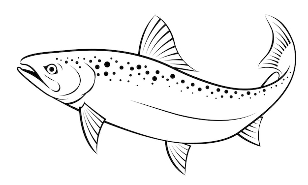 Plik wektorowy czarno-biały rysunek ryby łososia na białym tle.