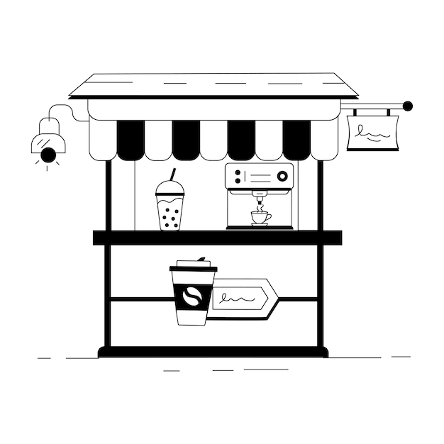 Plik wektorowy czarno-biały rysunek stoiska spożywczego z znakiem 
