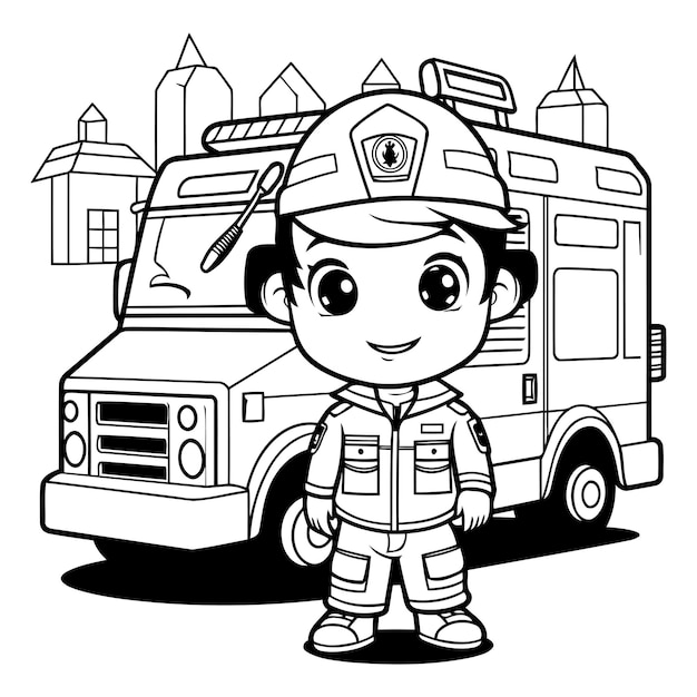 Plik wektorowy czarno-biały rysunek strażaka małego chłopca z samochodem karetki lub samochodem straży pożarnej do malowania