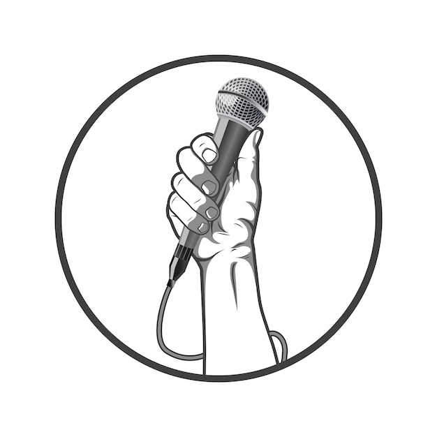 Czarno-biały styl ręki trzymającej mikrofon w pięści. Ilustracja wektorowa.