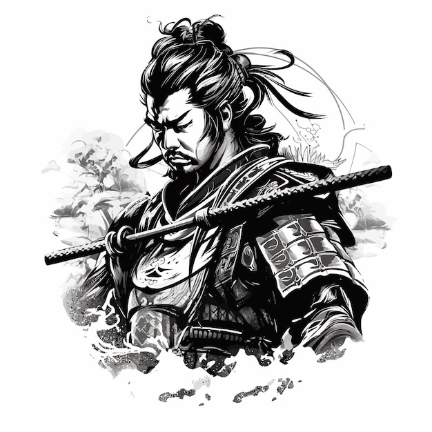 Plik wektorowy czarno-biały tatuaż samuraja japońskiego wektora