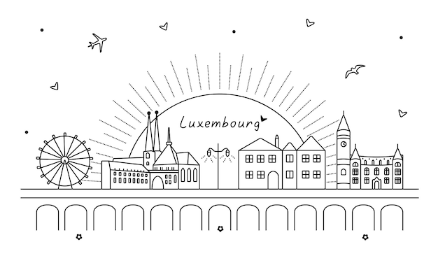 Czarno-biały wektorowy baner Luksemburga monochromatyczna ilustracja krajobrazu miejskiego zabytku
