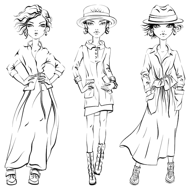 Plik wektorowy czarno-biały zestaw ślicznych pięknych dziewczyn w kurtce, płaszczu i spódnicy, czapce i butach