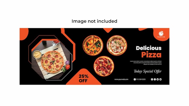 Plik wektorowy czarno-pomarańczowe pudełko pizzy z napisem „pyszna pizza”.