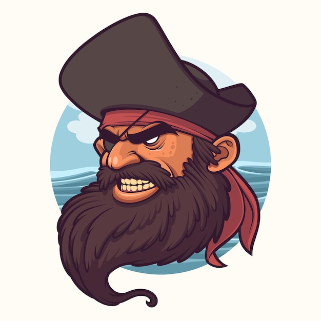 Czarnobroda ilustracja kreskówka pirata na tle oceanu