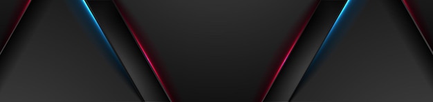 Czarny abstrakcyjny baner technologiczny z niebieskimi i czerwonymi liniami laserowymi neonowymi
