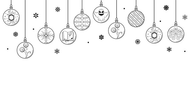 Plik wektorowy czarny doodle zarys prostej linii streszczenie maerry christmas xmas kulki z wakacje płatki śniegu