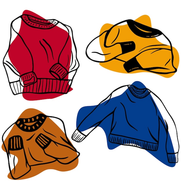 Czarny doodle zestaw swetrów. Ilustracja ubrania rysowane ręcznie. zestaw przytulnych swetrów