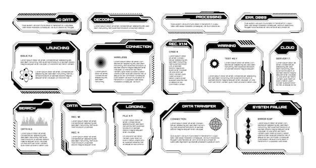 Czarny futurystyczny hud ui elementy scifi interfejs użytkownika pudełka tekstowe callouts ramki wiadomości ostrzegawczych
