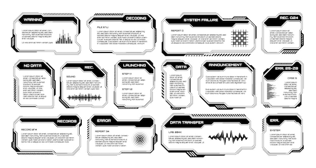 Czarny futurystyczny hud ui elementy scifi interfejs użytkownika pudełka tekstowe callouts ramki wiadomości ostrzegawczych