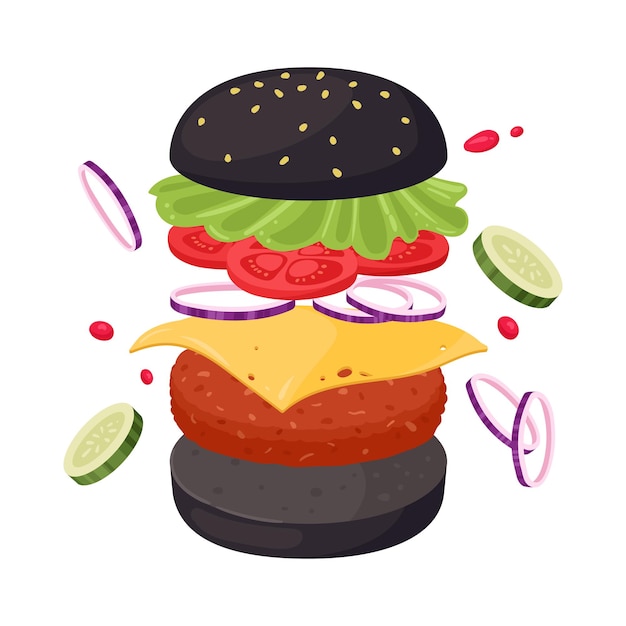 Czarny hamburger Cheeseburger z różnymi składnikami warzywny ser wołowy i sos płaska ilustracja wektorowa Pyszny konstruktor fast foodów hamburgerów