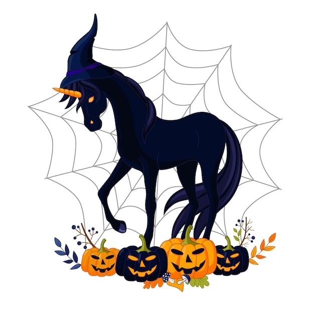 Czarny jednorożec z przerażającymi dyniami Halloween na tle sieci pająka.