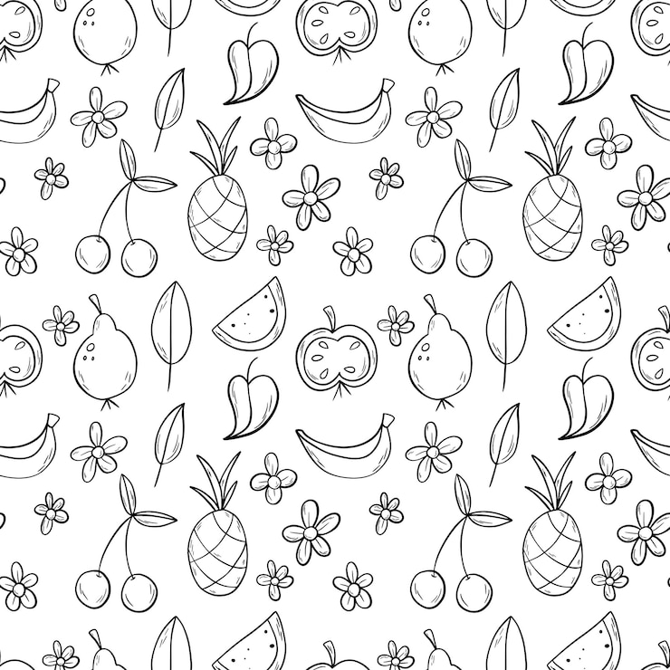 Wektor czarny kontur doodle owocowy wzór z ananasem jabłko gruszka arbuz banan wiśnia