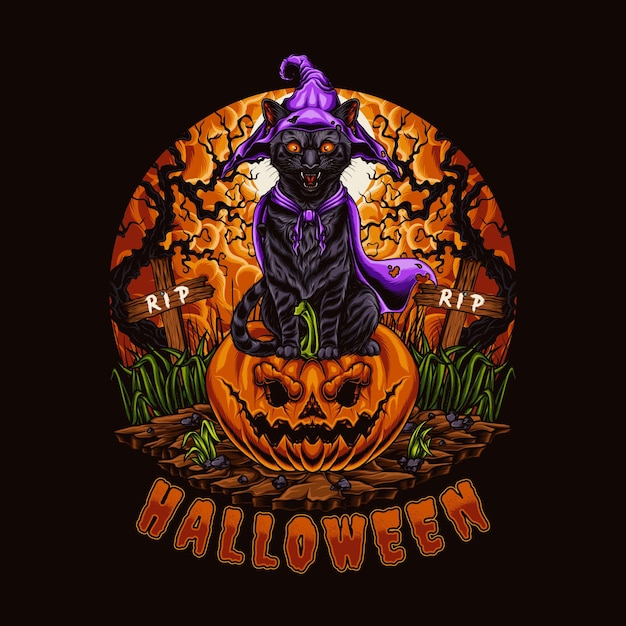 Czarny Kot Ubrany W Strój Czarownicy Stojący Na Ilustracji Wektorowych Z Dyni Halloween